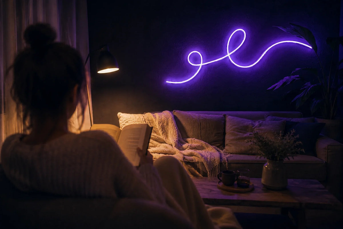 Néon LED violet en écriture cursive au-dessus d'un canapé de salon, personne de dos en train de lire
