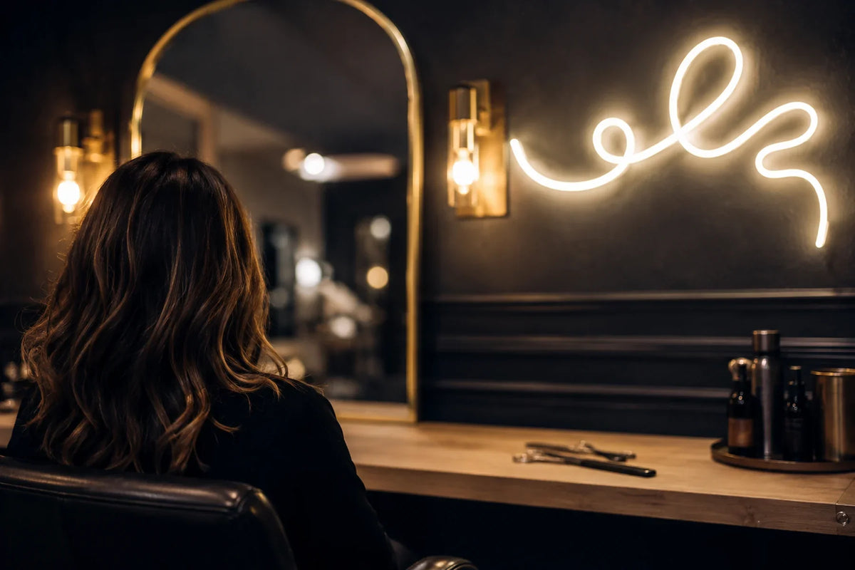 Néon LED blanc chaud en écriture cursive sur le mur d'un salon de coiffure, cliente de dos face au miroir