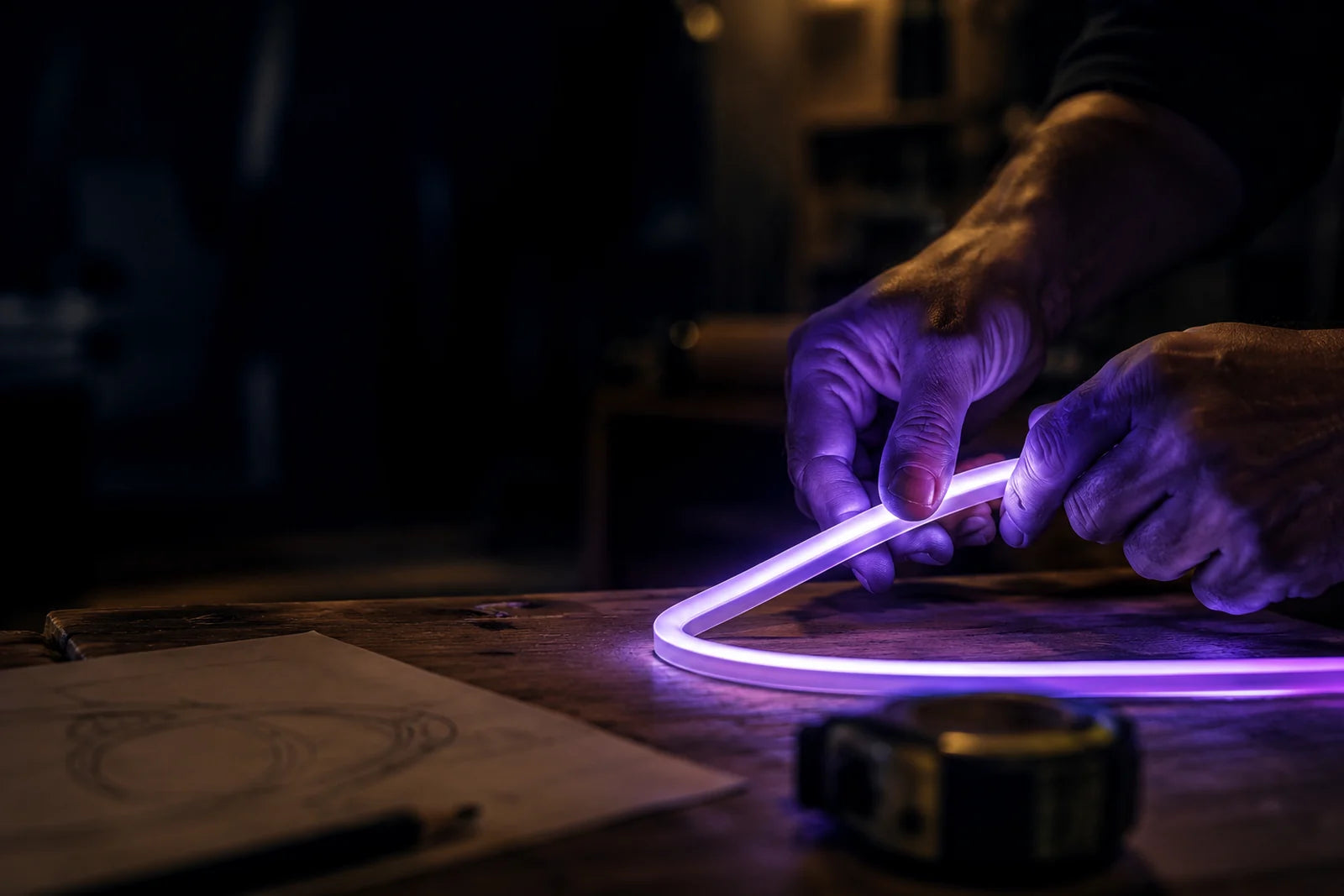 Artisan cintrant à la main un tube néon LED violet sur un plan de travail