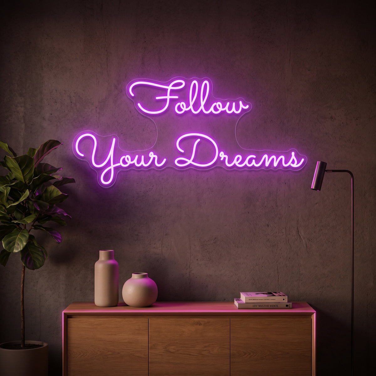 Néon LED Follow Your Dreams allumé en situation