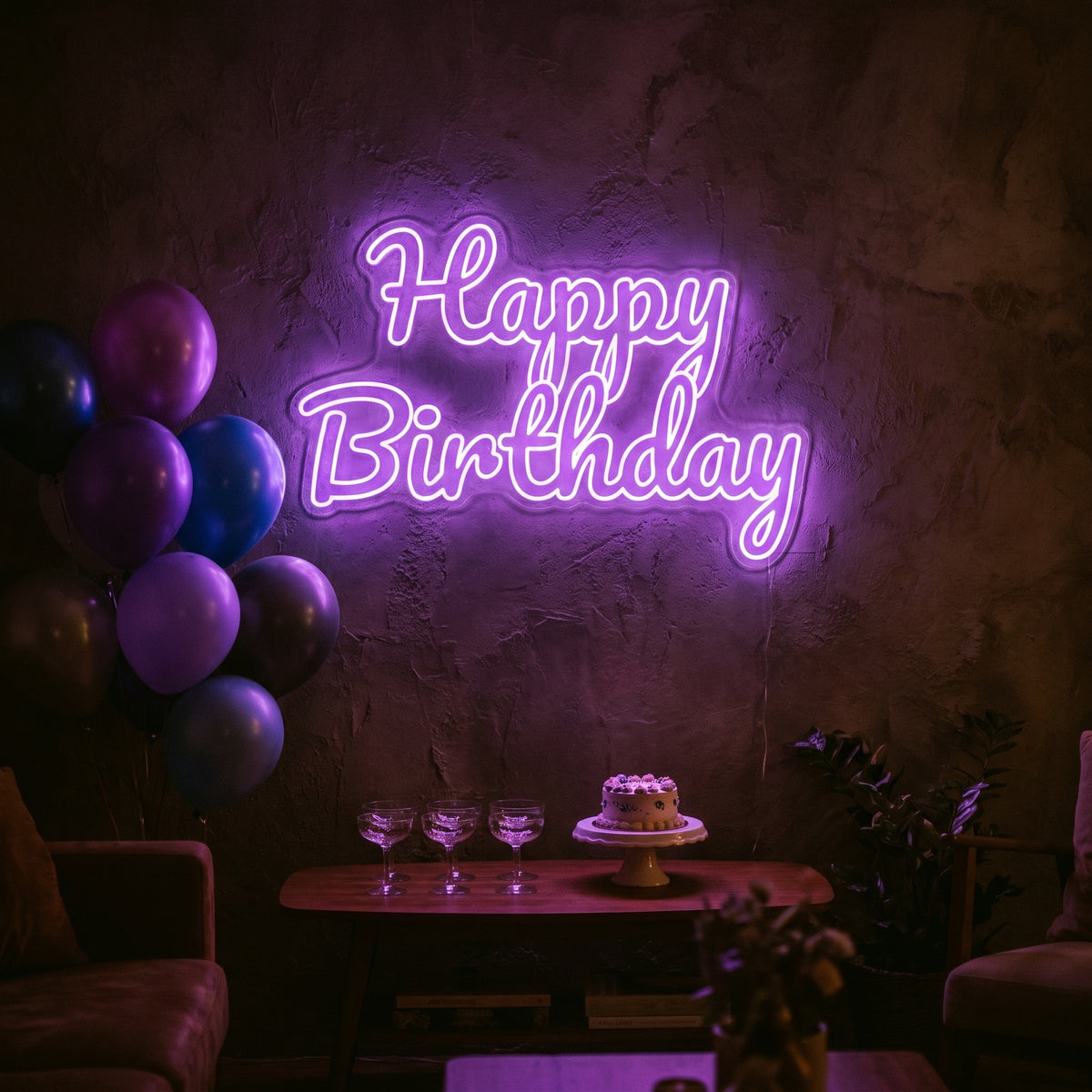 Néon LED Happy Birthday allumé en situation