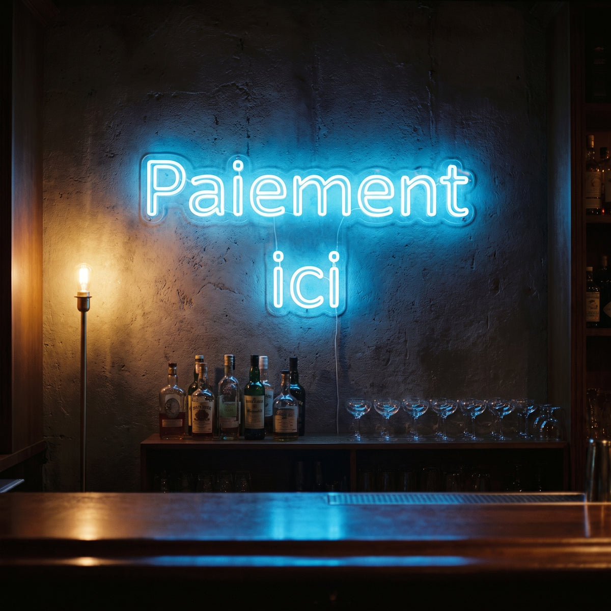 Néon LED Paiement ici allumé en situation