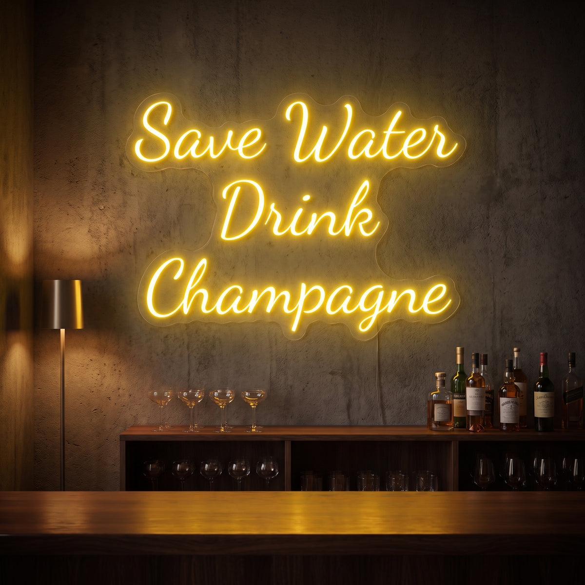 Néon LED Save Water Drink Champagne allumé en situation