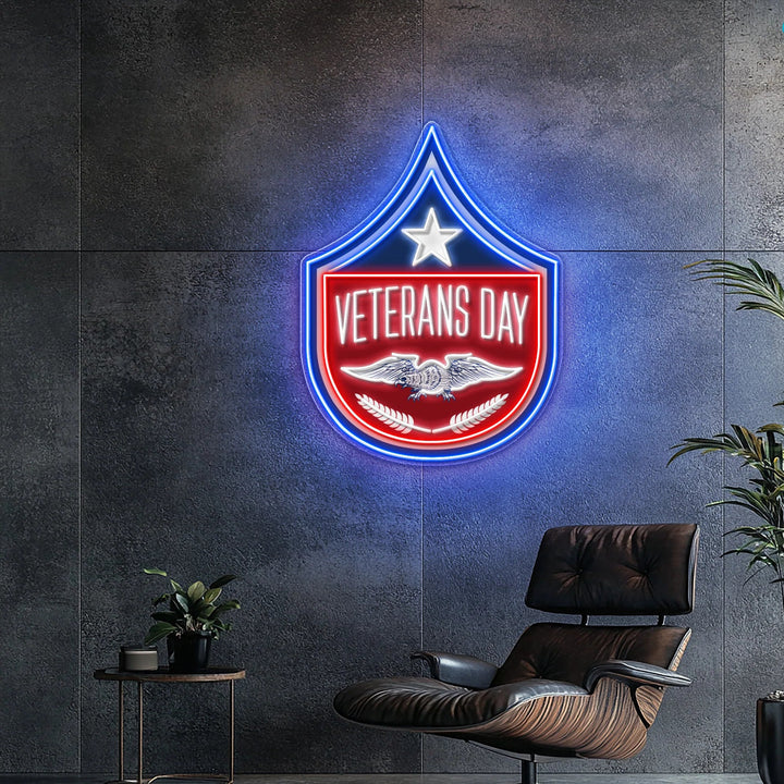 Enseigne néon LED Veterans Day en situation dans un salon