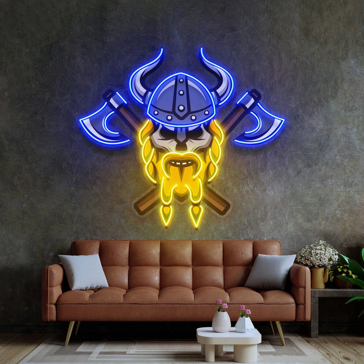 Enseigne néon LED crâne viking multicolore en situation
