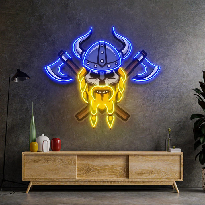Enseigne néon LED crâne viking multicolore sur mur