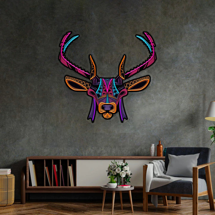 Enseigne néon LED tête de cerf multicolore sur mur