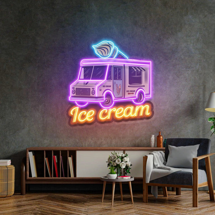 Enseigne néon LED camion de glace rose et violet