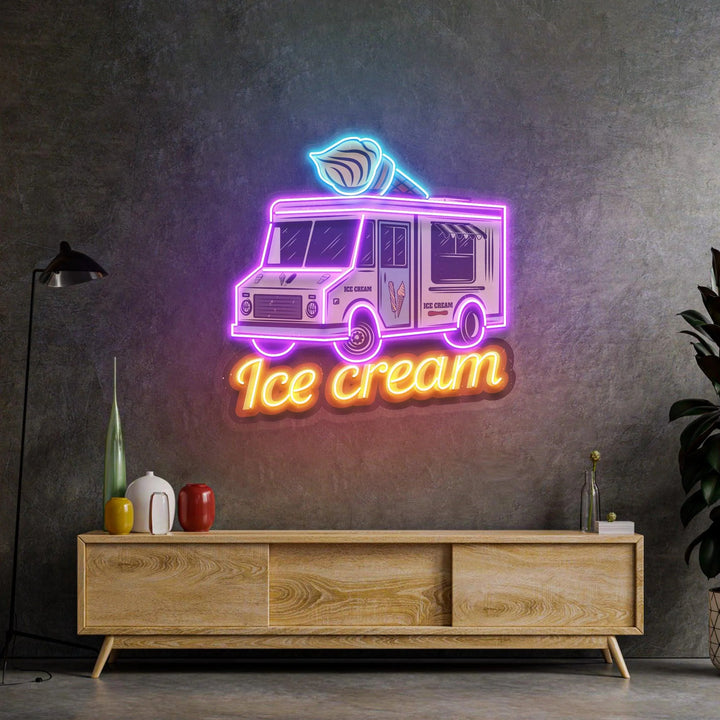Enseigne néon LED camion de glace en situation