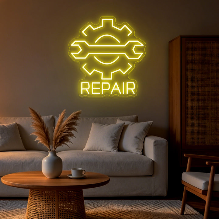 Enseigne néon LED Repair jaune en situation