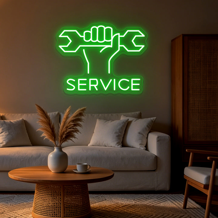 Enseigne néon LED Service verte avec clé mécanique