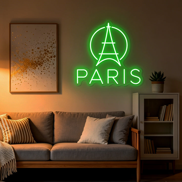 Enseigne néon LED Paris verte dans un salon