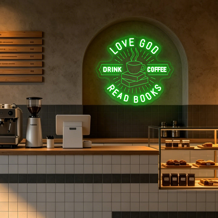 Enseigne néon LED Love Good Coffee Read Books verte