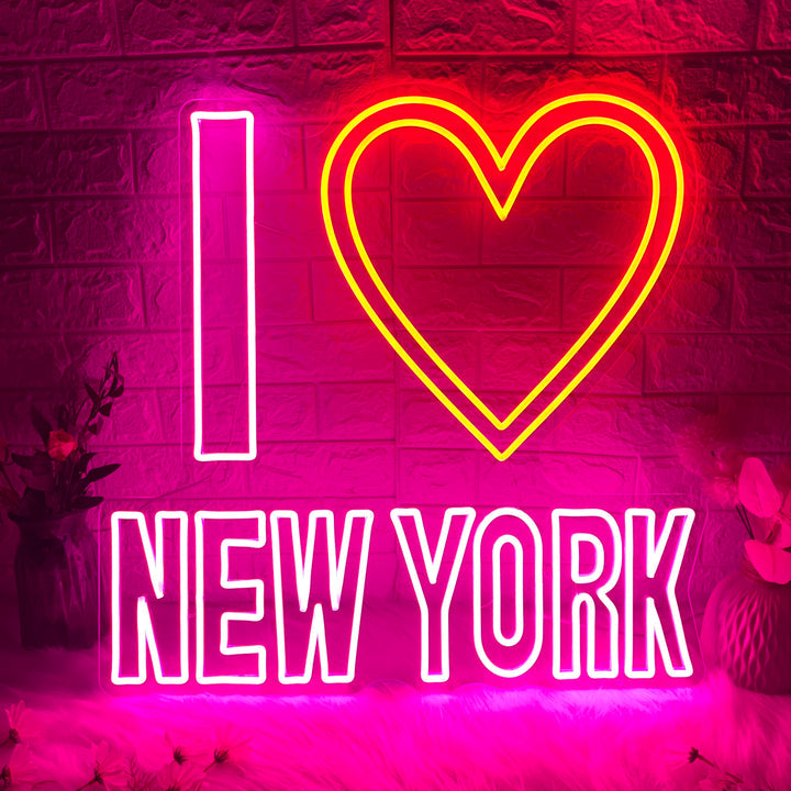 Enseigne néon LED I Love New York rose et jaune