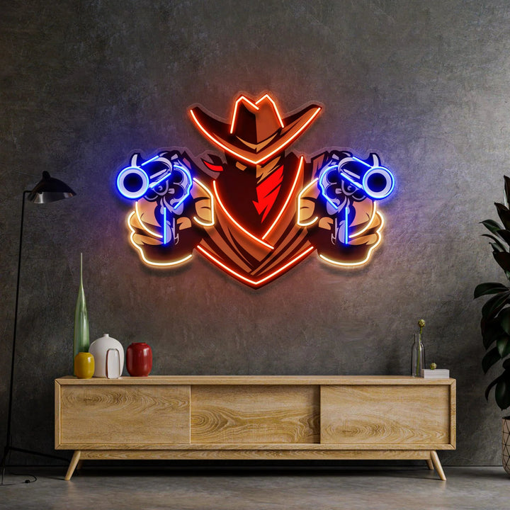Enseigne néon LED cow-boy aux deux revolvers multicolore