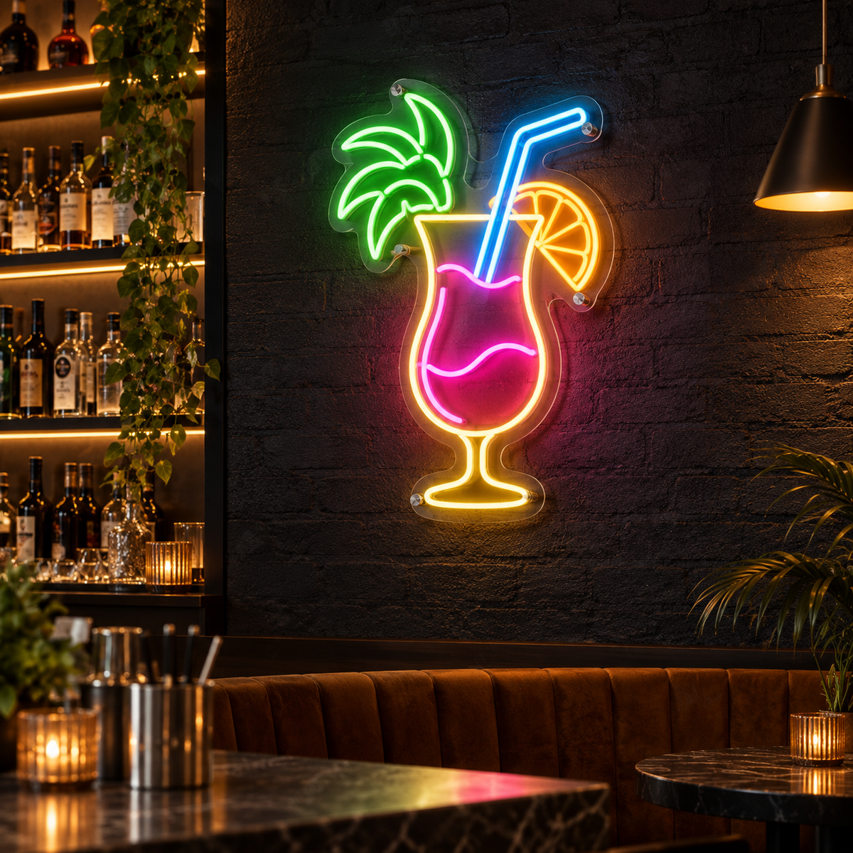 Néon Cocktail exotique NOCTANEON dans un bar sombre