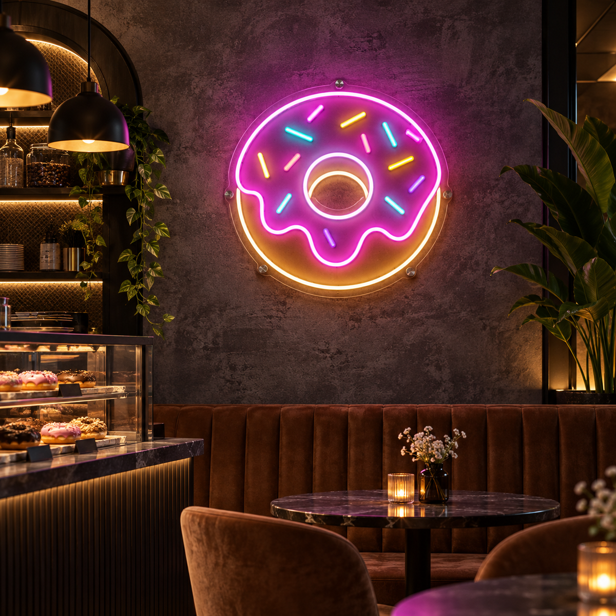 Néon Donut NOCTANEON dans un café sombre