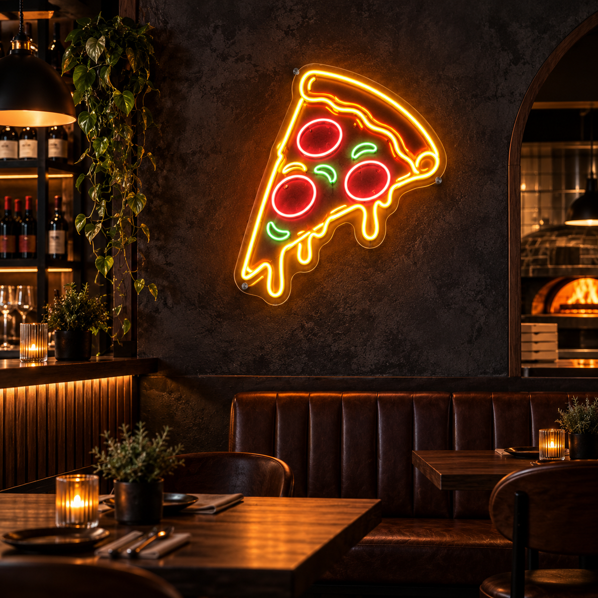 Néon Pizza NOCTANEON dans une pizzeria sombre