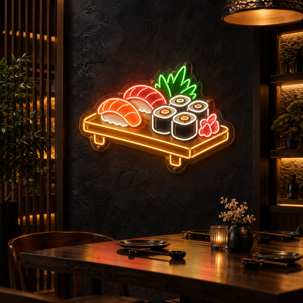 Néon Sushi NOCTANEON dans un restaurant japonais sombre