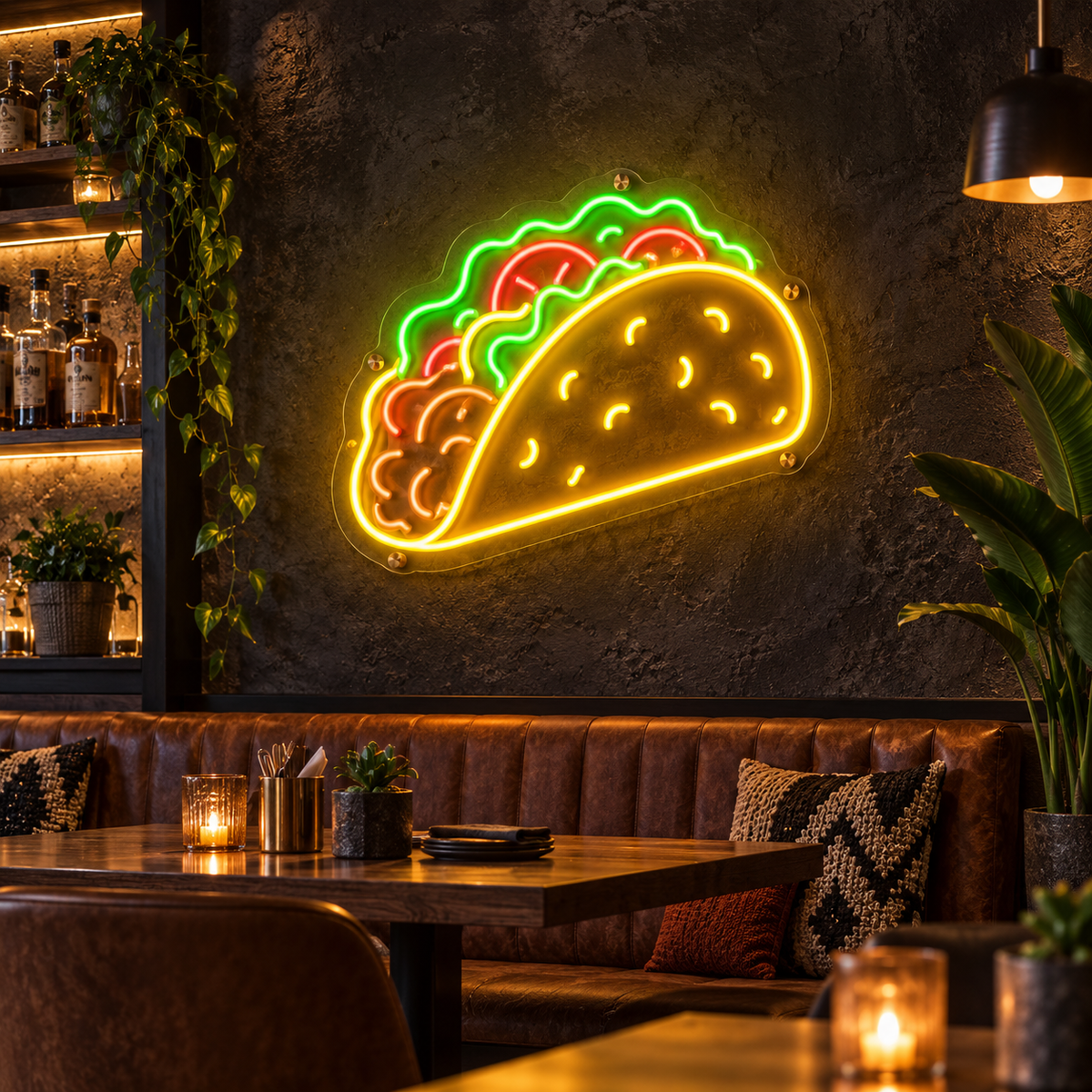 Néon Taco NOCTANEON dans un restaurant sombre