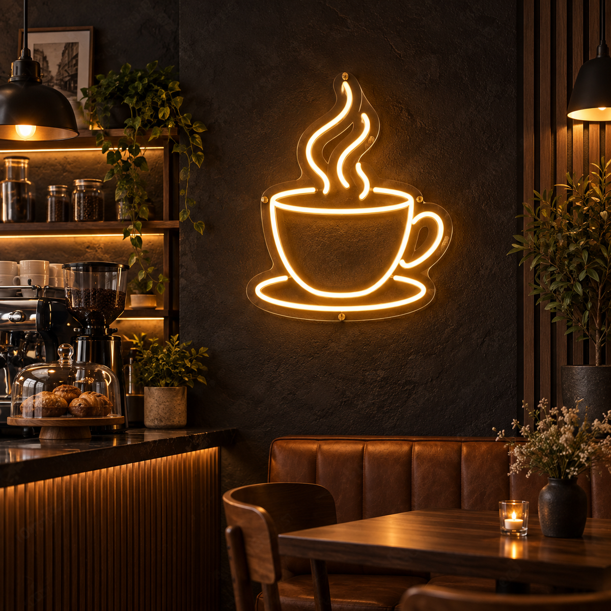 Néon Tasse de café NOCTANEON dans un café sombre