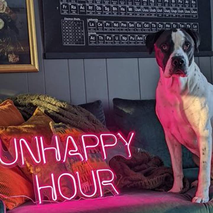 Néon Unhappy Hour rose posé sur un canapé